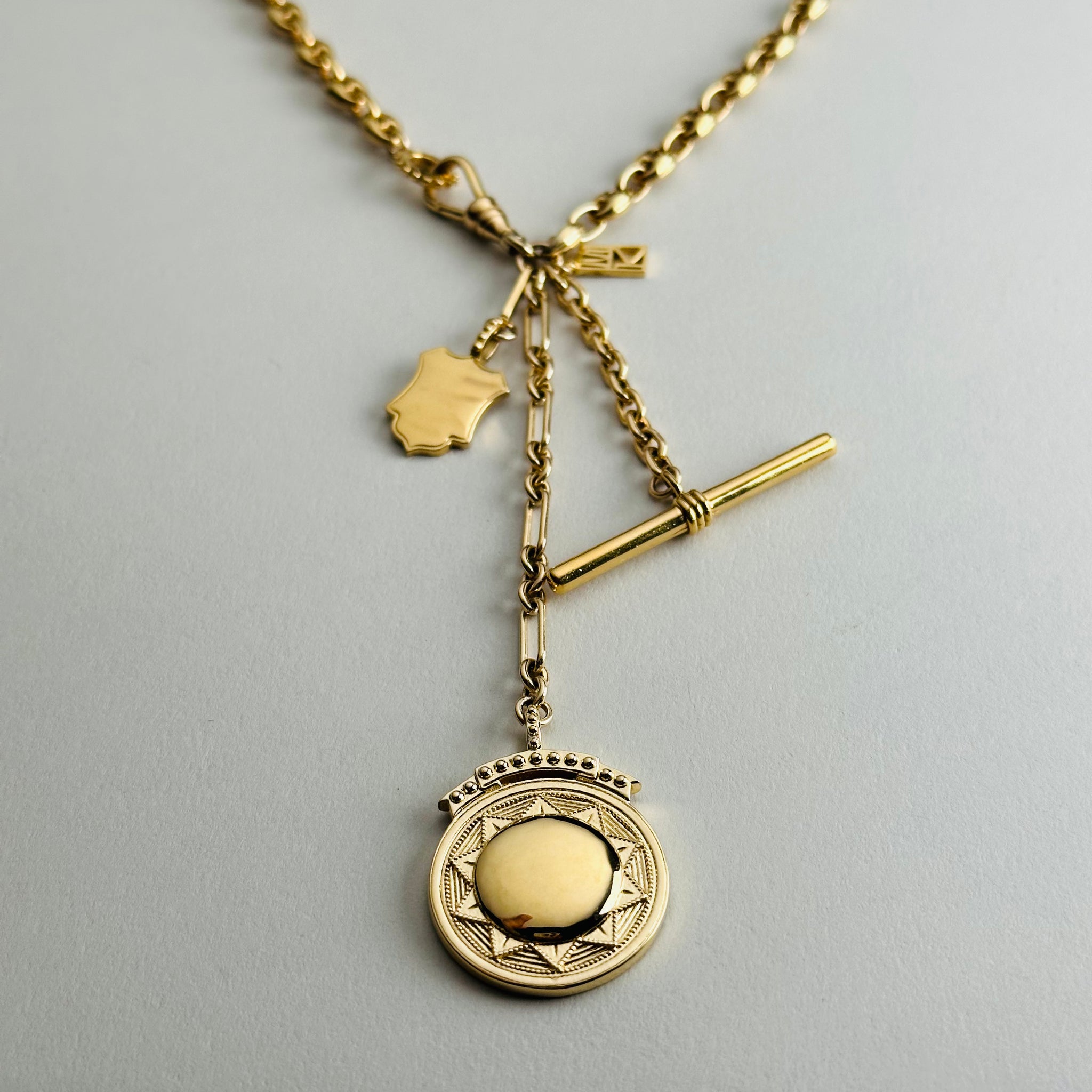 Load image into Gallery viewer, Puffy Mariner Sundial + Shield Fob Necklace