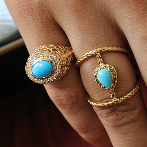 Load image into Gallery viewer, Turquoise and diamond pink ring. Turquoise and gold bring on hand