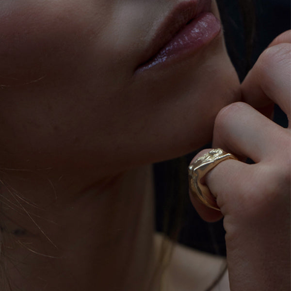 Load image into Gallery viewer, Woman wearing 14K Yellow Gold Vermeil Goddess Ring on Pinky