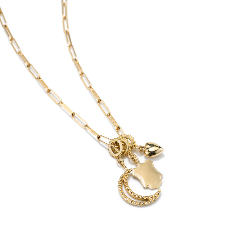 Load image into Gallery viewer, gold filled chain with crescent moon, shield and mini puff heart charm