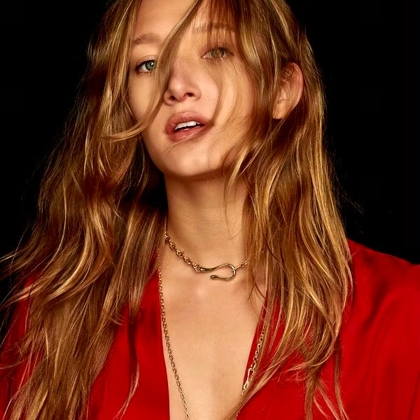 Load image into Gallery viewer, Blonde Girl in Red Silk Robe wearing Large Hook and Cable Necklace with Mini Cable Long Chain Necklace