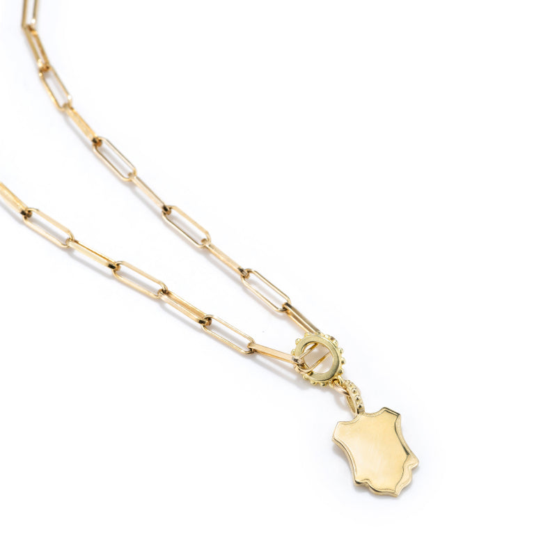 Load image into Gallery viewer, Gold filled chain with shiny brass shield charm