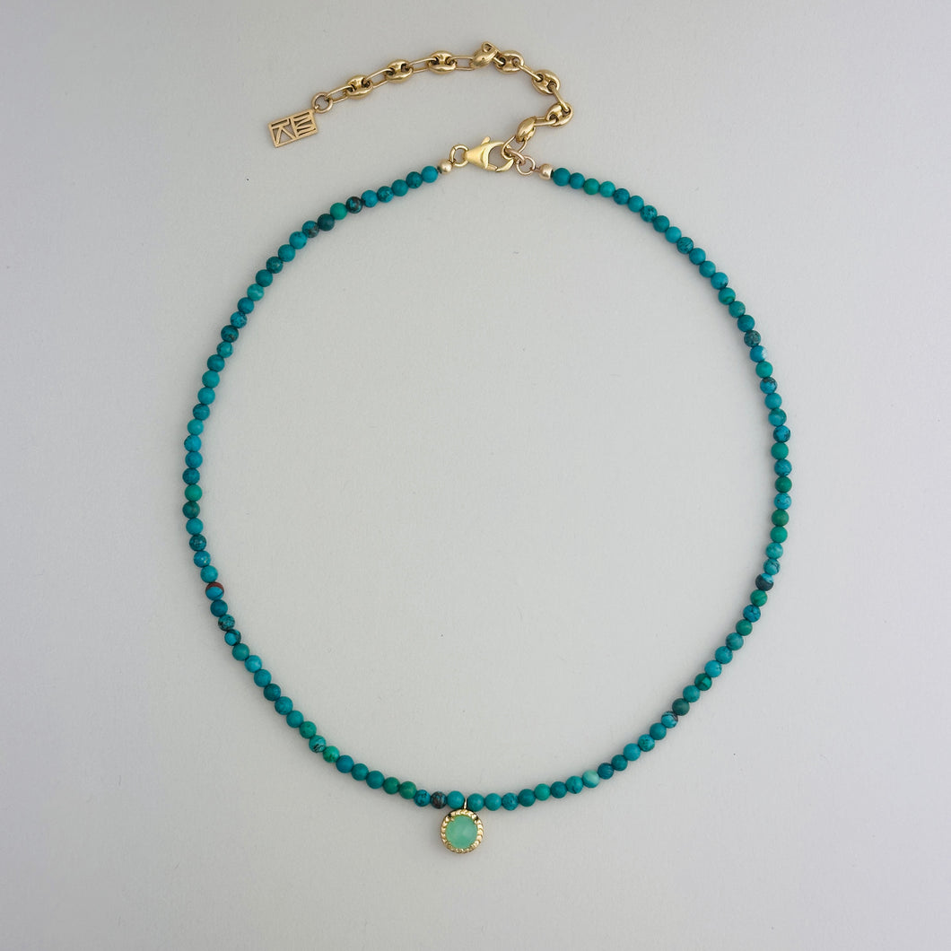 Tiny Beads and Stone Charm Necklace- Turquoise + Chrysoprase