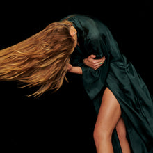 Load image into Gallery viewer, Blonde Girl wearing Green Silk Kimono Robe leaning over and flipping her hair
