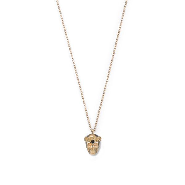 Brass Skull Pendant Necklace with Floral Headdress