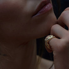 Load image into Gallery viewer, Woman wearing 14K Yellow Gold Vermeil Goddess Ring on Pinky
