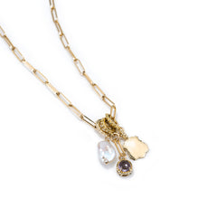 Load image into Gallery viewer, gold filled chain with freshwater pearl, amethst charm and shield charm
