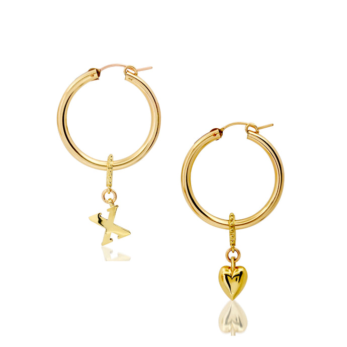 Gold Hoops with X and heart charms